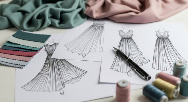 Dress sketches, fabric swatches, and thread spools arranged on a table, showcasing fashion design process, ideal for blogs, websites, or publications related to fashion, design, or sewing - Powered by Adobe