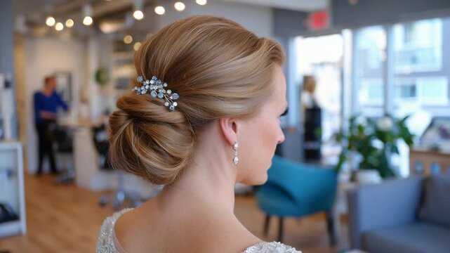 A professional hairstylist perfects a sleek updo on a blonde bride, with a rhinestone hairpiece sparkling under salon lights.