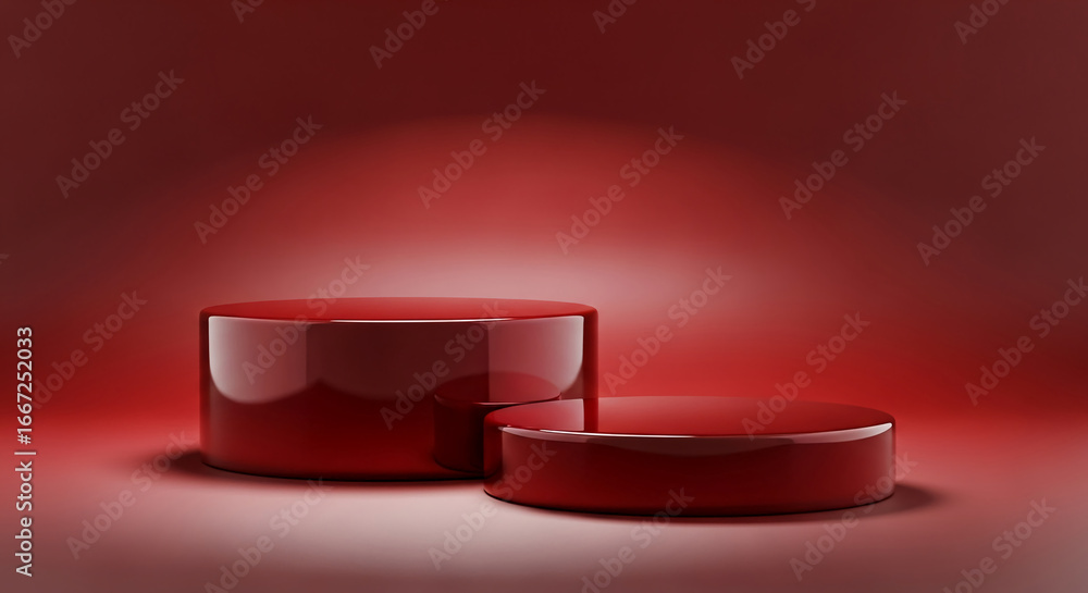 Aufkleber two red cylindrical podiums on a red background, creating a minimalist display showcase ideal for pr