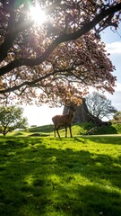 Deer under a blossoming tree
