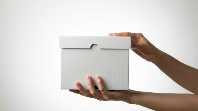 A person's hands hold and present a plain white unlabeled cardboard box against a white background representing a gift delivery or a mysterious package with a surprise inside