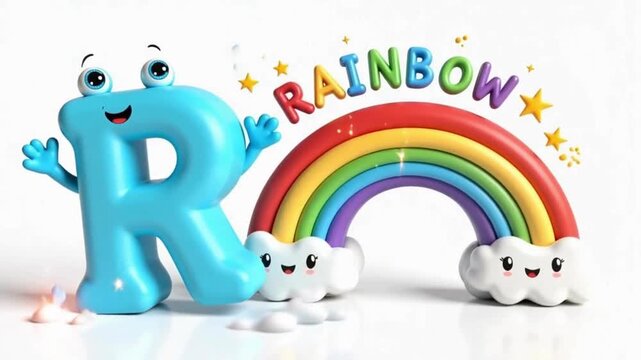 Cheerful cartoon letter R with a rainbow and smiling clouds on a white background alphabet character