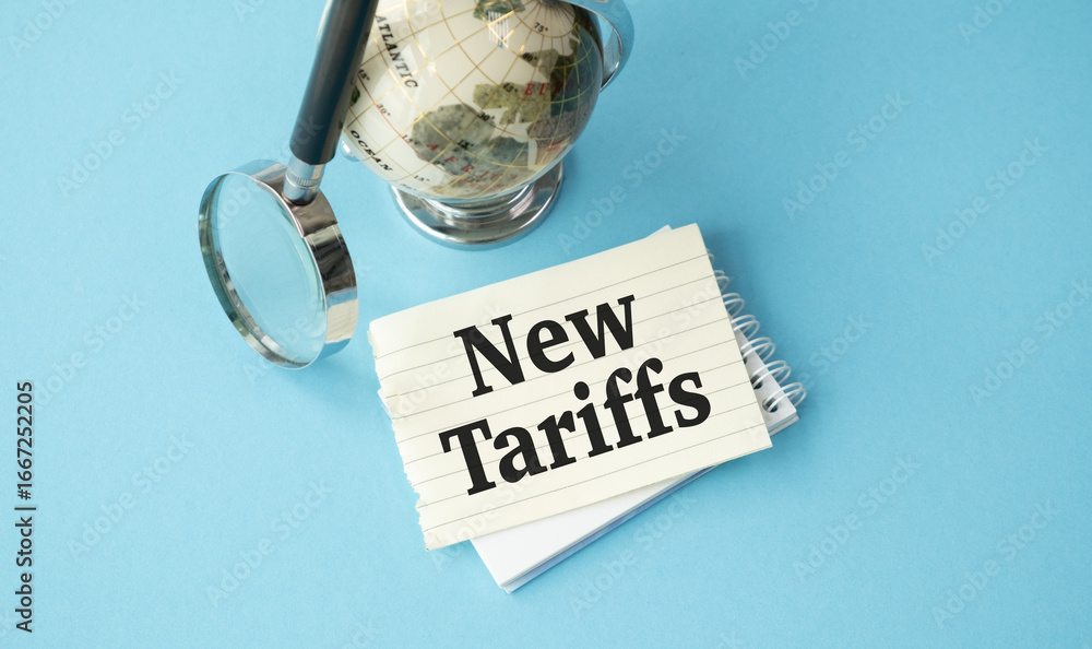 Aufkleber a magnifying glass is on top of a globe and a piece of paper with the word new tariffs written on it