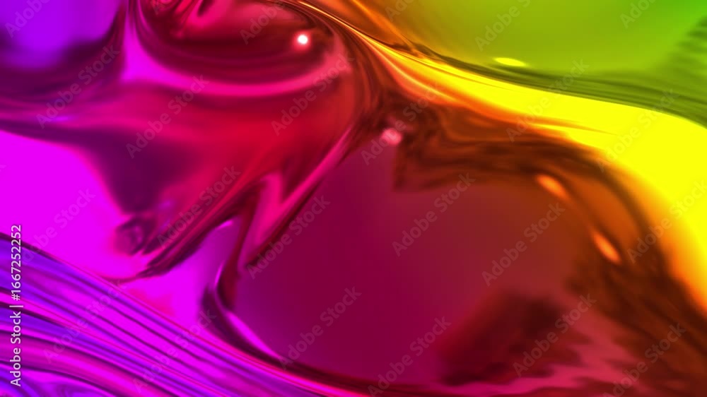 Poster animated metalic rainbow color gradient on fabric with folds in 4k. 3d render of wavy cloth surface 