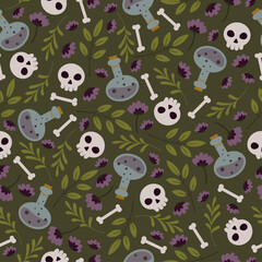 Hand drawn seamless halloween pattern with cute skulls and potions in flat style. Botanical and spooky ornament with leaves, flowers and bones. Abstract vector green doodle print for textile or paper
