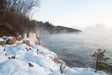 North Shore Minnesota during sea smoke on a polar vortex, winter Lake Superior 