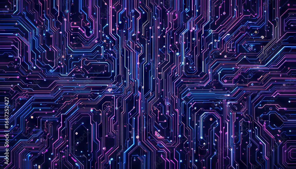 Poster a complex arrangement of digital circuitry showcases intricate patterns and vibrant colors, highligh