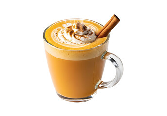 A glass mug of pumpkin spice latte, showcasing a rich, warm color palette, topped with fluffy whipped cream and cinnamon sticks.