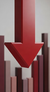 Large red arrow pointing down over blurred maroon bars, showcasing decline, fall, or decrease concept suitable for financial or business presentations
