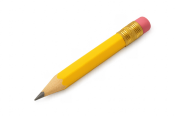 Short yellow pencil pointing downward on transparent background