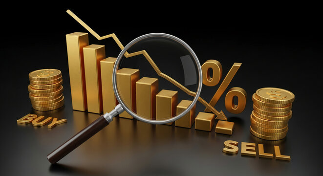 Gold bar graph descending, magnified by lens, shows declining percentage, coins beside "BUY" and "SELL" text, illustrating market downturn concept