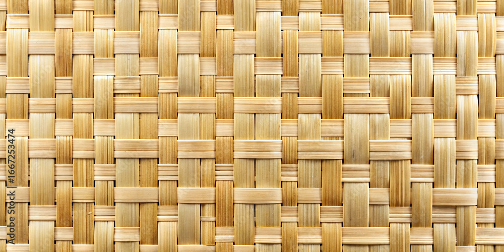 Aufkleber close-up view of a woven rattan surface displaying a complex pattern. the natural fibers create a wa