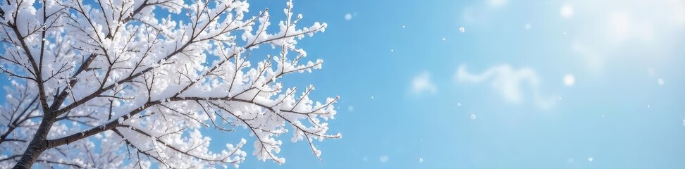 Frozen branches laden with snow, delicate winter foliage displays intricate patterns against a crisp, blue sky A stunning example of winter's beauty in nature , outdoors, ice
