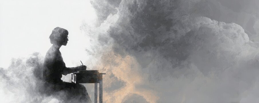 Woman Writing in Clouds of Imagination and Dreams