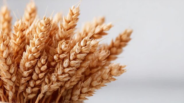 High-quality close-up of ripe wheat ears with dense kernels on a white background, highlighting grain quality and natural farming.