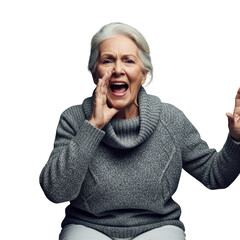 Elderly woman energetically shouting and gesturing with hands imploringly captured in a portrait transparent background