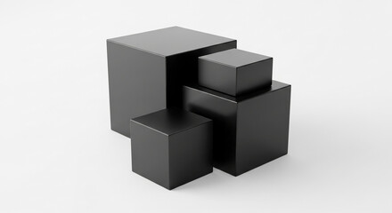 Black cubes of varying sizes form a minimalist display, suggesting a modern product showcase or presentation scene Free space available for text or branding