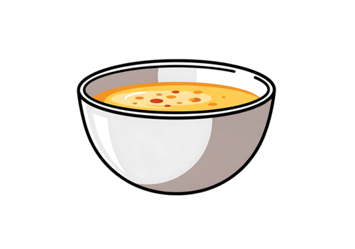A cheerful illustration of a bowl of vibrant yellow soup, presented in a simple style.