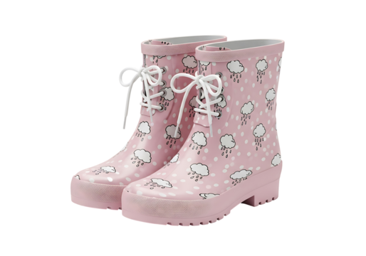 Pair of adorable, light pink rain boots adorned with a whimsical cloud and rain pattern.