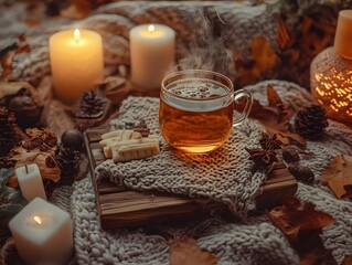 Cozy Autumn Scene, Warm Tea, Candles, and Knit Blanket