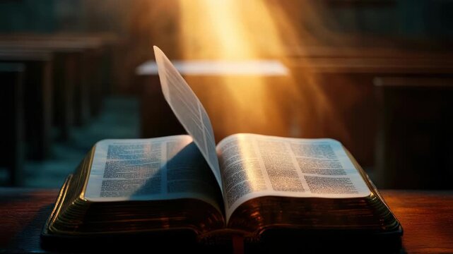 An open book on a wooden table, bathed in warm light from above. Captured at a low angle, perfect for a contemplative video scene. Live desktop wallpaper.