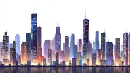 Obraz premium A stunning urban skyline is alive at dusk, with skyscrapers reflecting in the serene water below. The buildings display a mix of colors, highlighting a busy city atmosphere