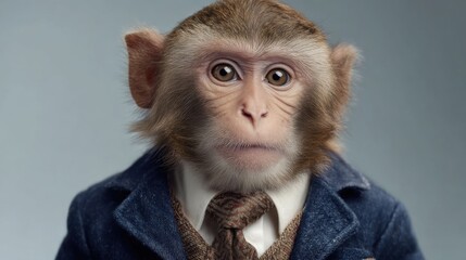 A monkey is dressed in a smart blazer and shirt, with a tie, standing confidently against a neutral backdrop. The attire adds a humorous touch to its natural appearance