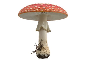 A vivid, full shot of a fly agaric mushroom, showcasing its characteristic red cap speckled with white dots against a pure black background.