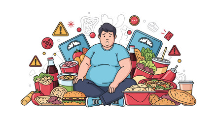 Overweight man surrounded by fast food struggles with unhealthy eating habits and weight management issues