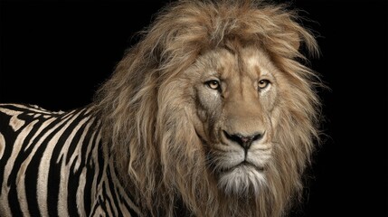 Fototapeta premium A magnificent lion showcases its impressive mane and unique striped fur while standing still against a smooth black backdrop. This powerful animal radiates strength and grace