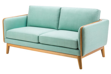 Fototapeta premium Modern mint green two seater sofa with wooden legs isolated on transparent background