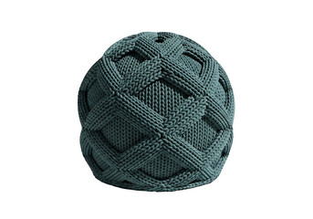 A spherical, teal-toned knitted design, showcasing intricate crisscrossing patterns against a stark black backdrop.