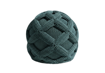 A spherical, teal-toned knitted design, showcasing intricate crisscrossing patterns against a stark black backdrop.