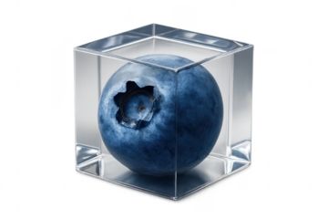 Fresh blueberry inside transparent glass cube with transparent background