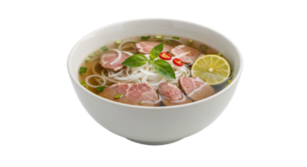 Bowl of pho soup with beef, herbs, and lime on a white background
