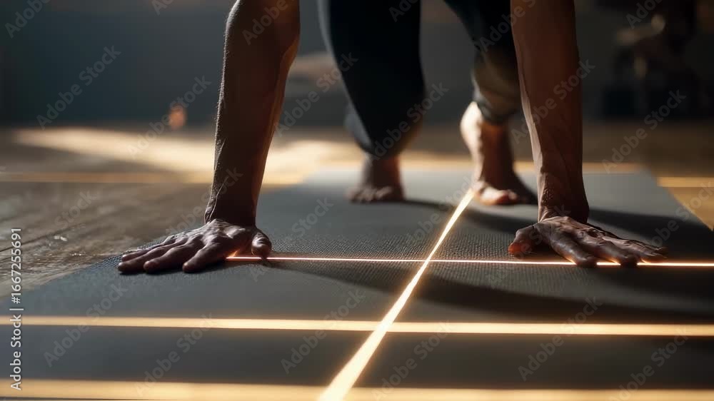 Aufkleber focused medium shot showcasing a modern adaptive yoga mat projecting glowing alignment lines on a wo