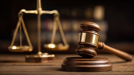 A wooden gavel rests on a desk alongside scales symbolizing justice, reflecting the legal profession's significance and the essence of fair trials within the courtroom setting