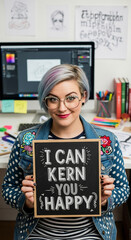 Woman with short, purple-tinged hair holds chalkboard sign reading "I can kern you happy", showcasing graphic design profession and positive message