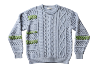 Light gray cable knit sweater with decorative light green accents.