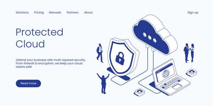 Protected Cloud, Multi-Layered Security with Firewall and Encryption for Safe Cloud Assets. Technology Isometric 3d Line Vector Illustration.