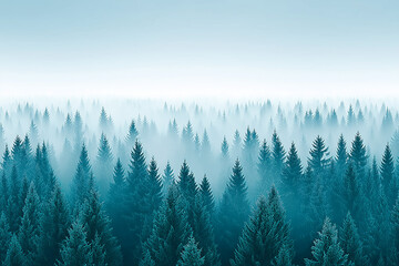 View of dense mixed forest with mist and vibrant green foliage.