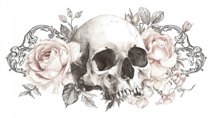 A detailed illustration features a skull adorned with soft pink roses, nestled among intricate floral designs. The artwork combines elements of beauty and macabre