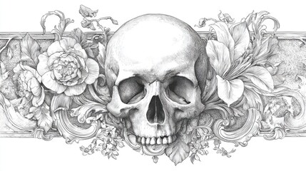 A detailed skull illustration is adorned with lush flowers and elegant decorative patterns. The composition blends elements of nature with a striking human symbol, creating an intriguing contrast