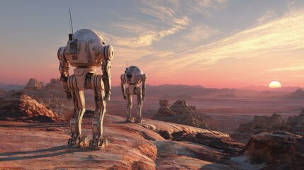 Two futuristic robots traverse a rocky desert terrain at sunset, with vibrant colors illuminating the sky. The scene captures the harmony between technology and nature