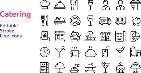 Catering icons food restaurant service delivery chef menu drink event party vector illustration line ices ices silhouette