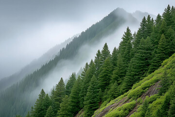 Misty evergreen hillside with dense Trees and fog.