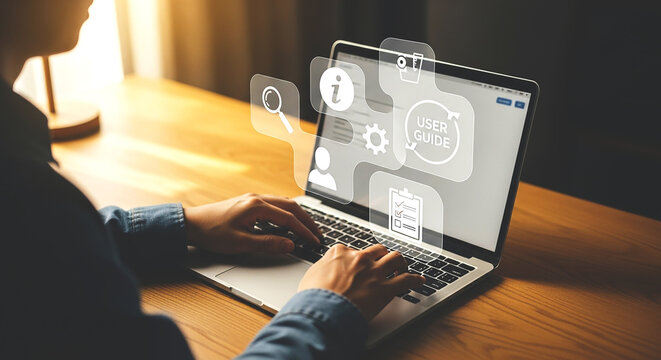Navigating a user guide on a laptop seeking clarity and information to easily use digital tools in a sunlit room with a - Powered by Adobe