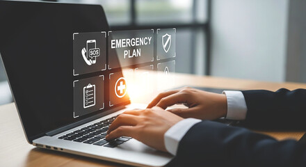 Crafting an emergency plan for businesses preparing for any disaster on a laptop in the office icons and warm