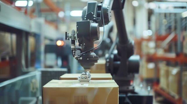 Industrial robotic arms packaging goods conveyor futuristic automated warehouse - Powered by Adobe