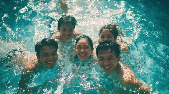 A lively group of six friends is gathered in a bright blue swimming pool, splashing water and laughing. The atmosphere is filled with joy as they enjoy a fun day together